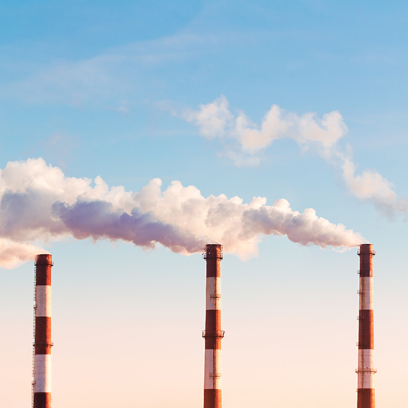 Four pipes in a row emitting white smoke.